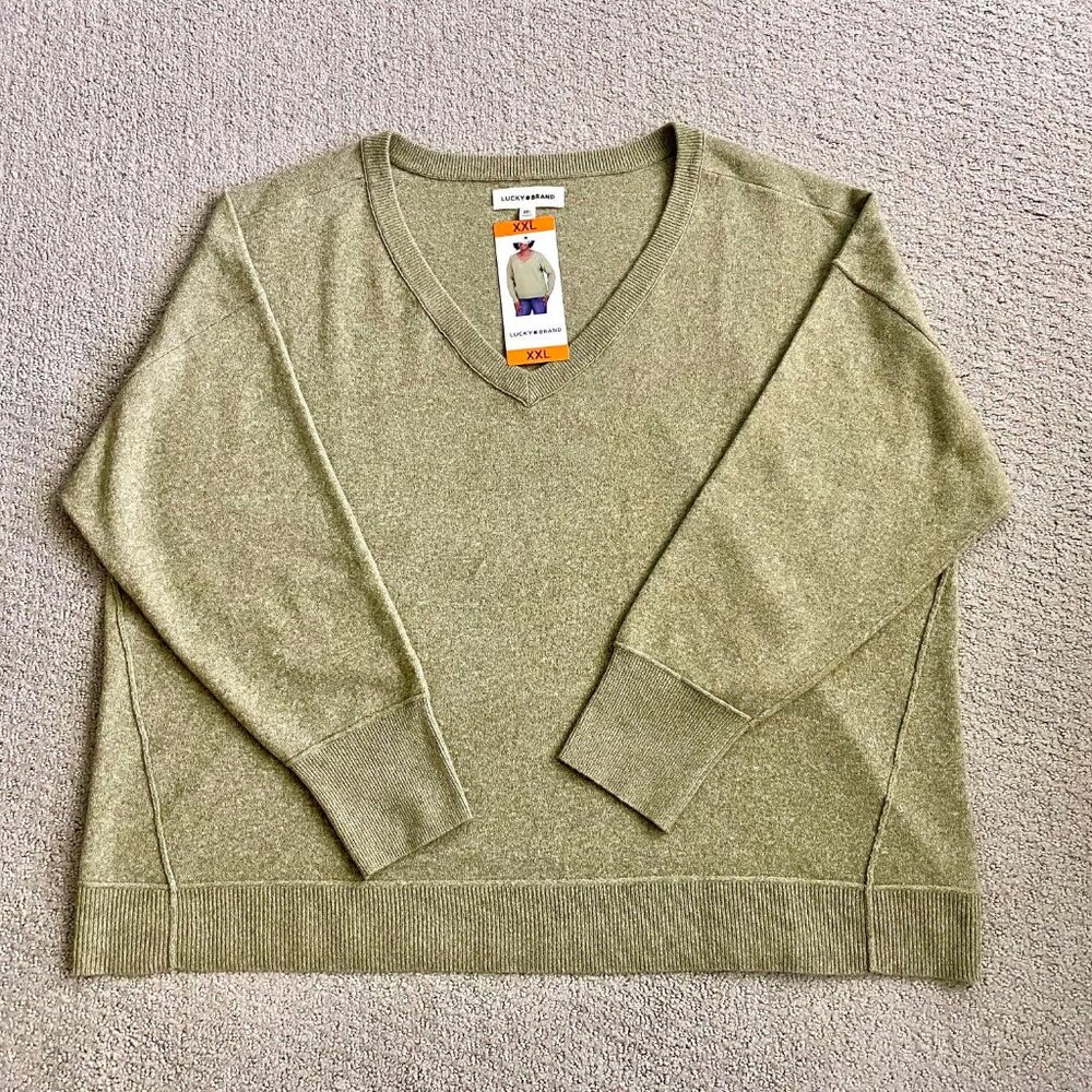 NWT Women's Lightweight Lucky Pullover V Neck Sweater, Olive Night Green XXL